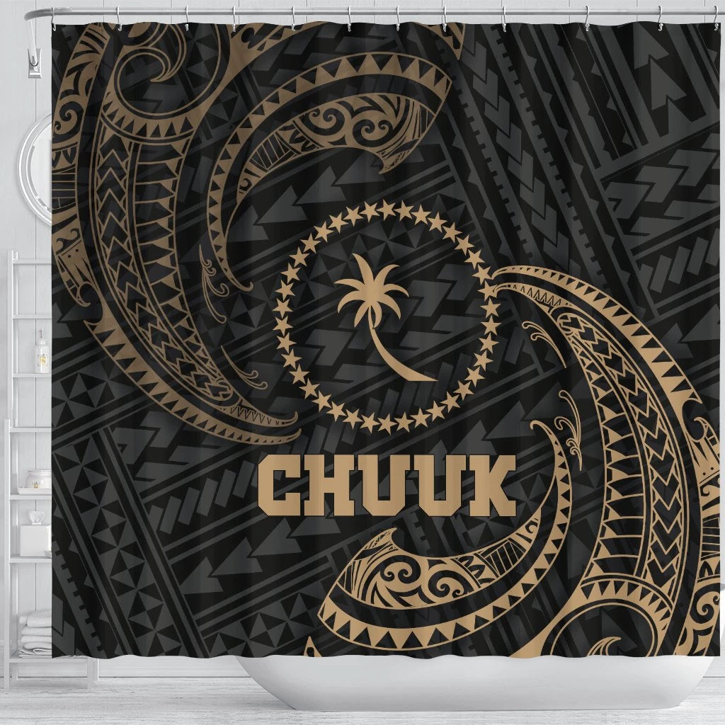 Chuuk Micronesia Shower Curtain - Gold Tribal Wave