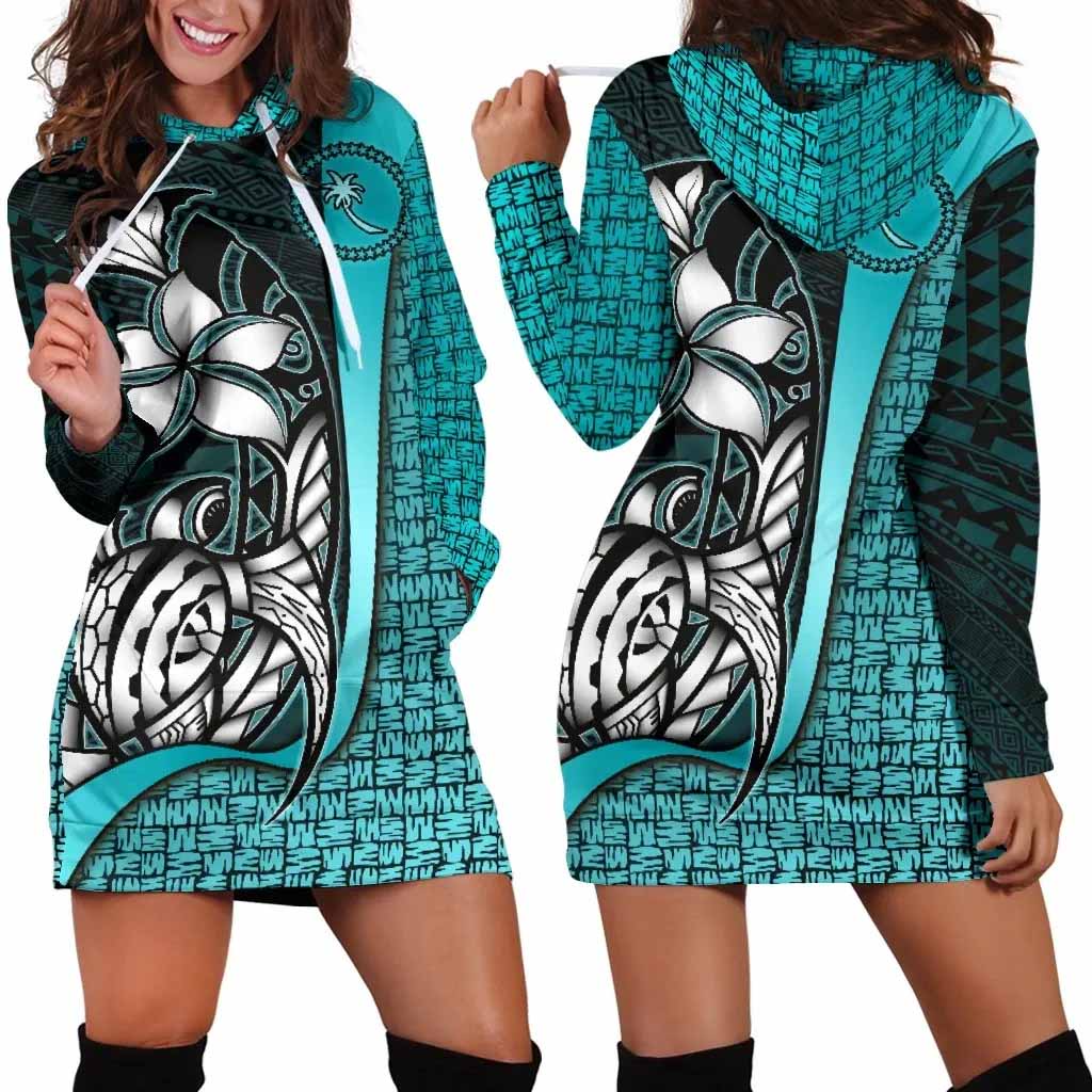 Chuuk Micronesian Female Hoodie Dress Turquoise - Turtle With Hook