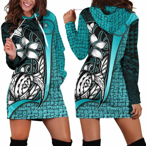 Chuuk Micronesian Female Hoodie Dress Turquoise - Turtle With Hook