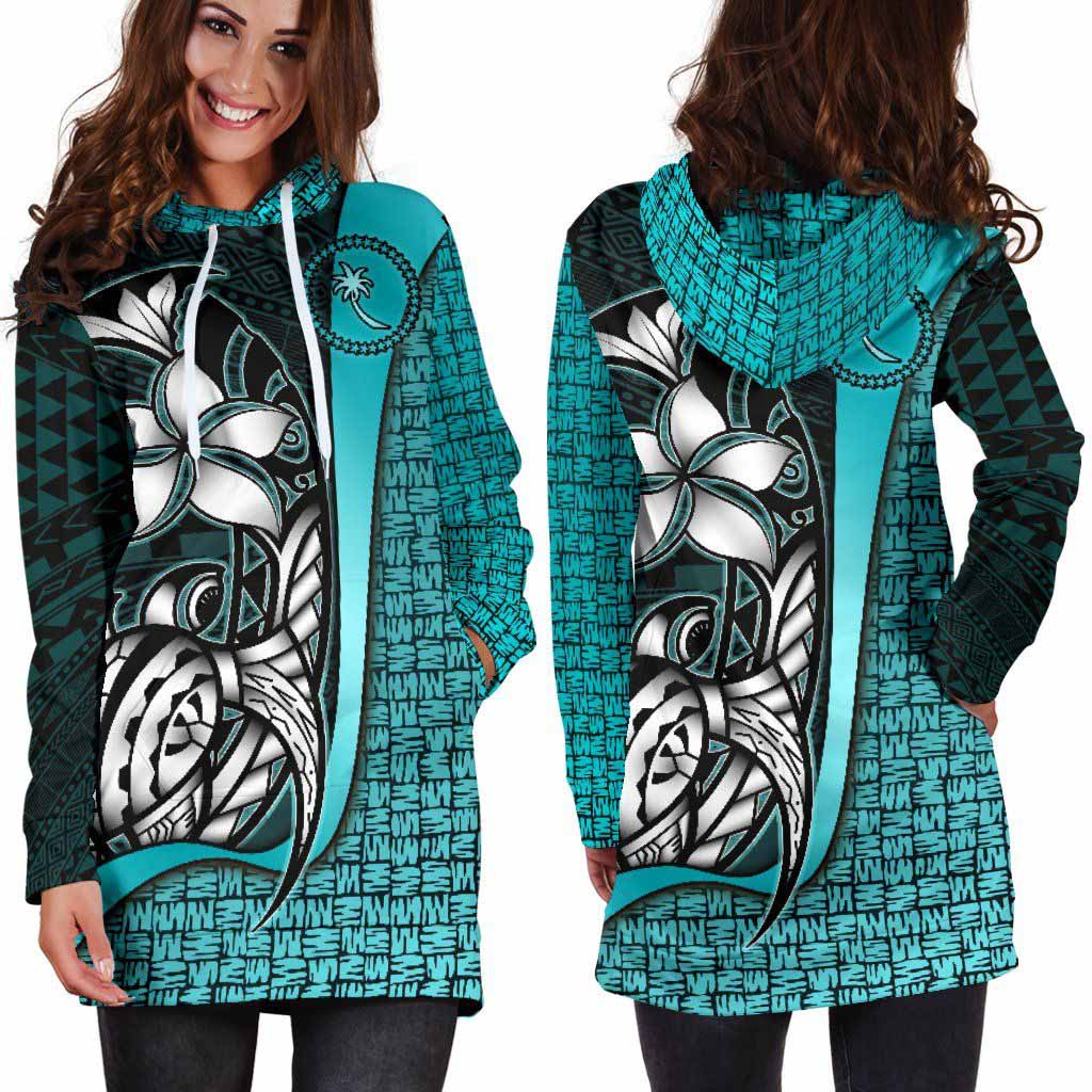 Chuuk Micronesian Female Hoodie Dress Turquoise - Turtle With Hook