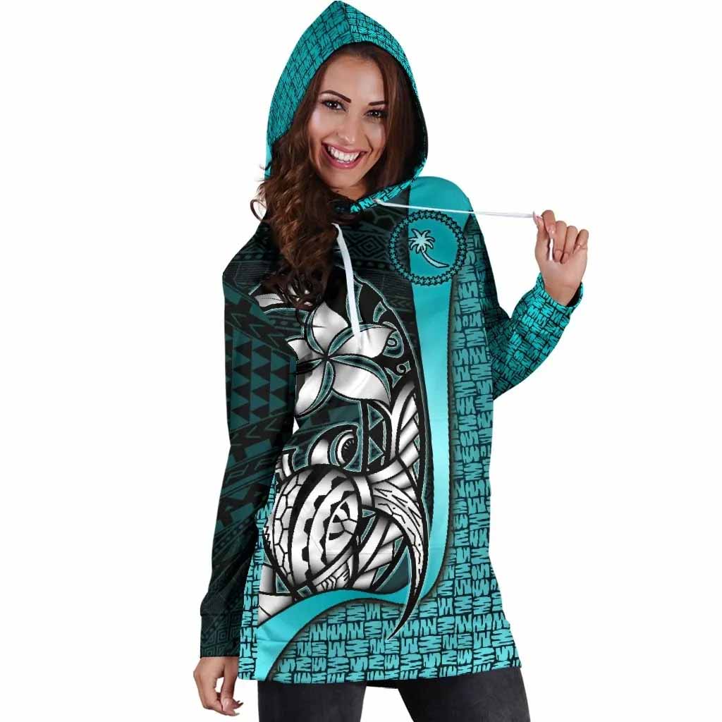 Chuuk Micronesian Female Hoodie Dress Turquoise - Turtle With Hook