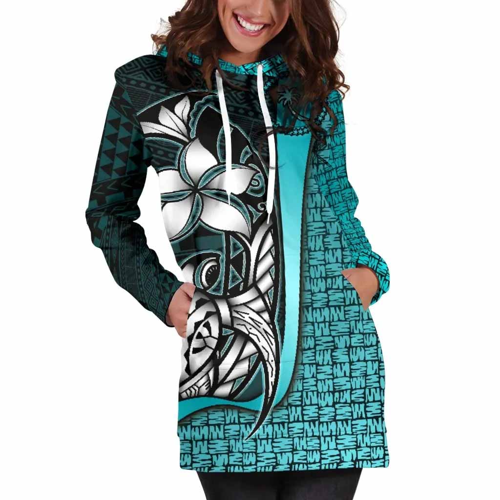 Chuuk Micronesian Female Hoodie Dress Turquoise - Turtle With Hook