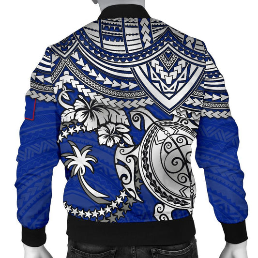 Chuuk Polynesian Bomber Jacket - White Turtle (Blue)