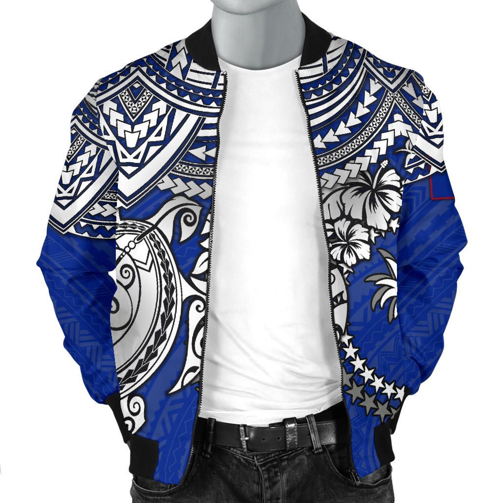 Chuuk Polynesian Bomber Jacket - White Turtle (Blue)