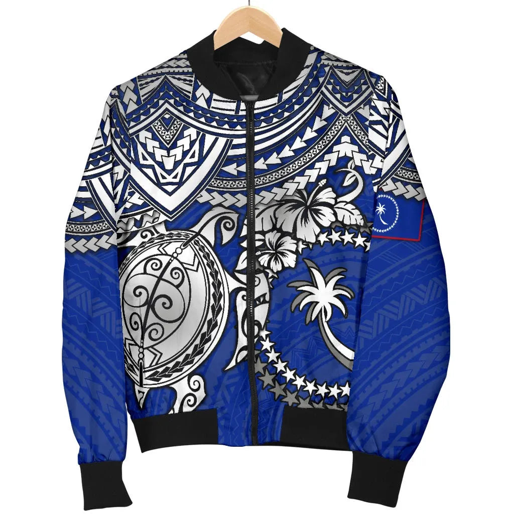 Chuuk Polynesian Bomber Jacket - White Turtle (Blue)