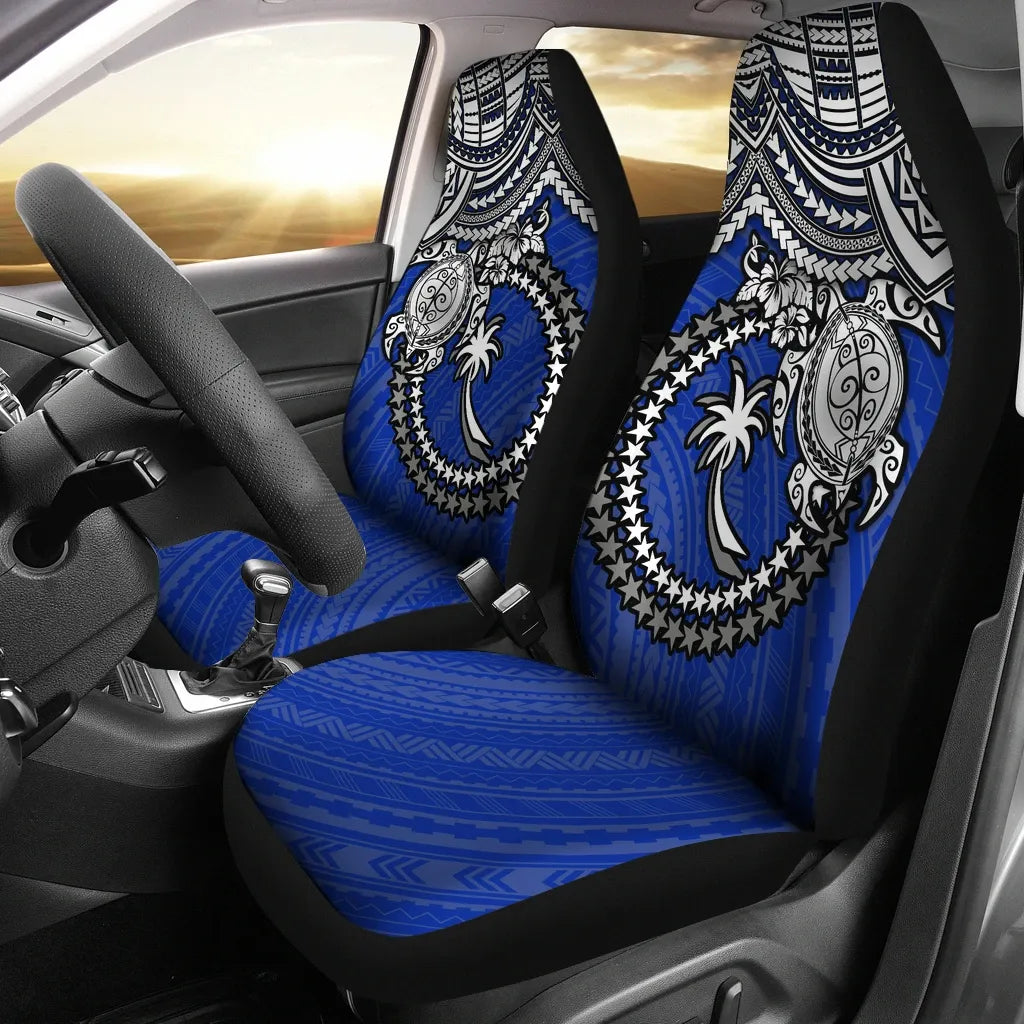 Chuuk Car Seat Covers - Chuuk Flag White Turtle Hibiscus (Blue)