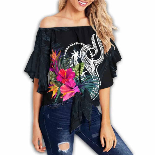 Chuuk Polynesian Off Shoulder Wrap Waist Top - Tropical Flower