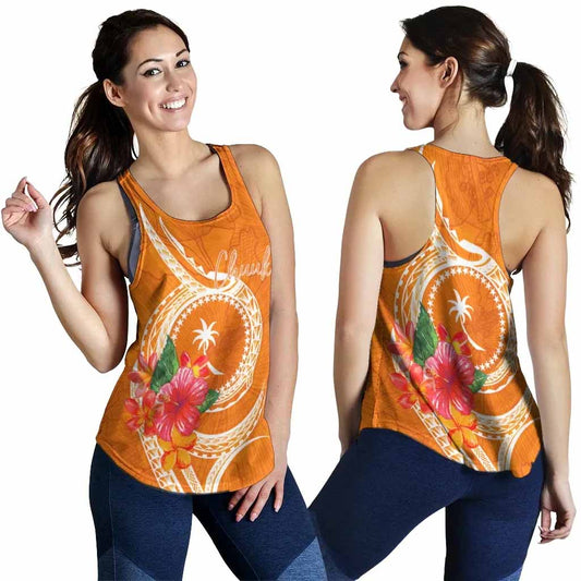 Chuuk Polynesian Women Racerback Tank - Orange Floral With Seal