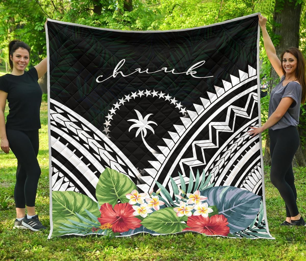 Chuuk Premium Quilt - Chuuk Coat of Arms & Polynesian Tropical Flowers White