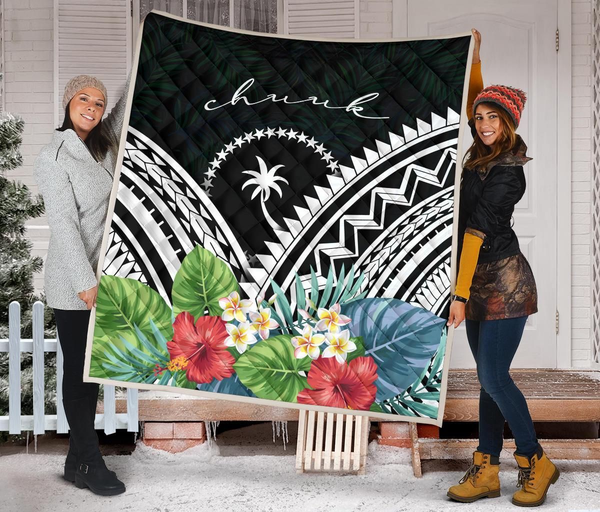 Chuuk Premium Quilt - Chuuk Coat of Arms & Polynesian Tropical Flowers White