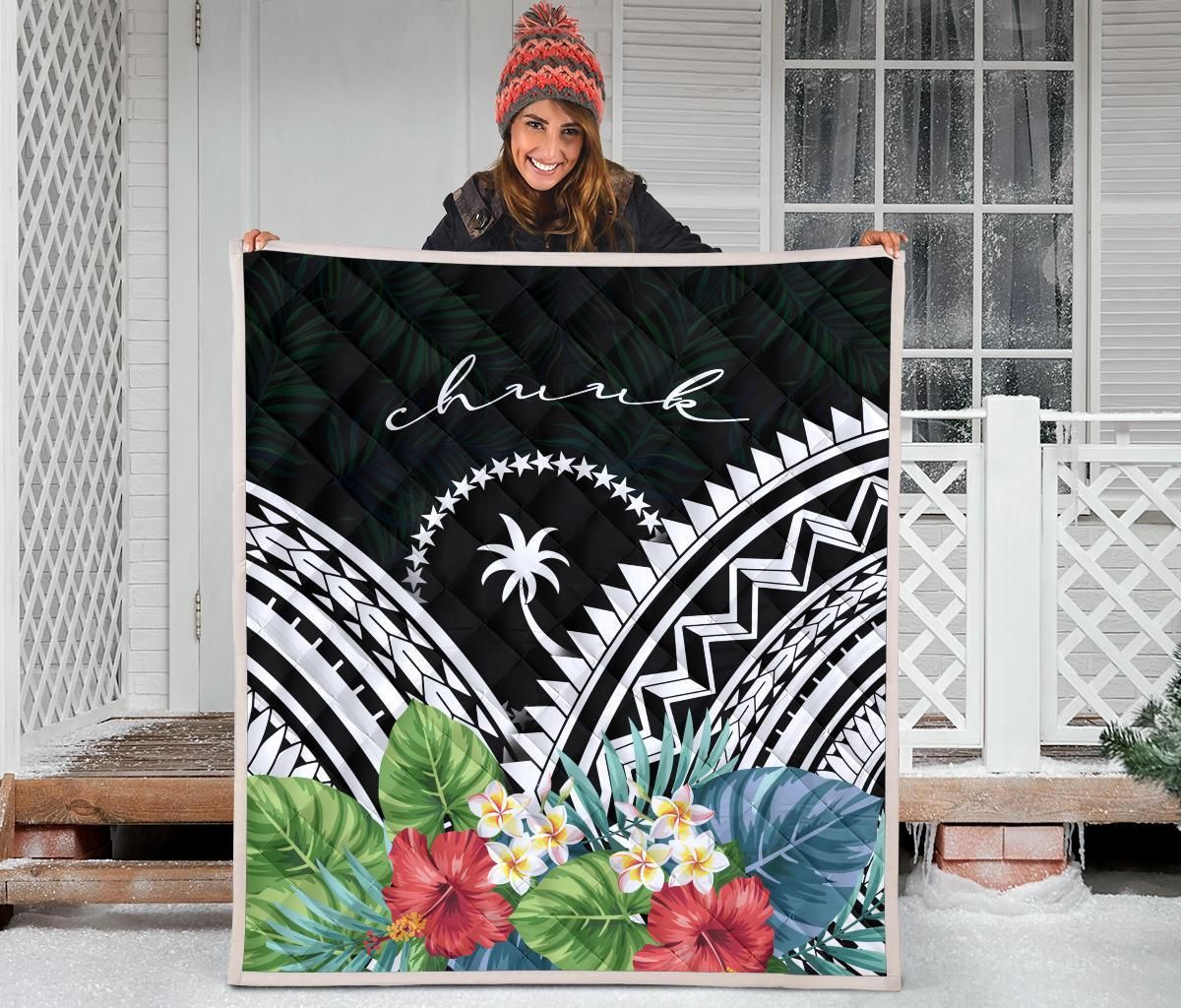 Chuuk Premium Quilt - Chuuk Coat of Arms & Polynesian Tropical Flowers White