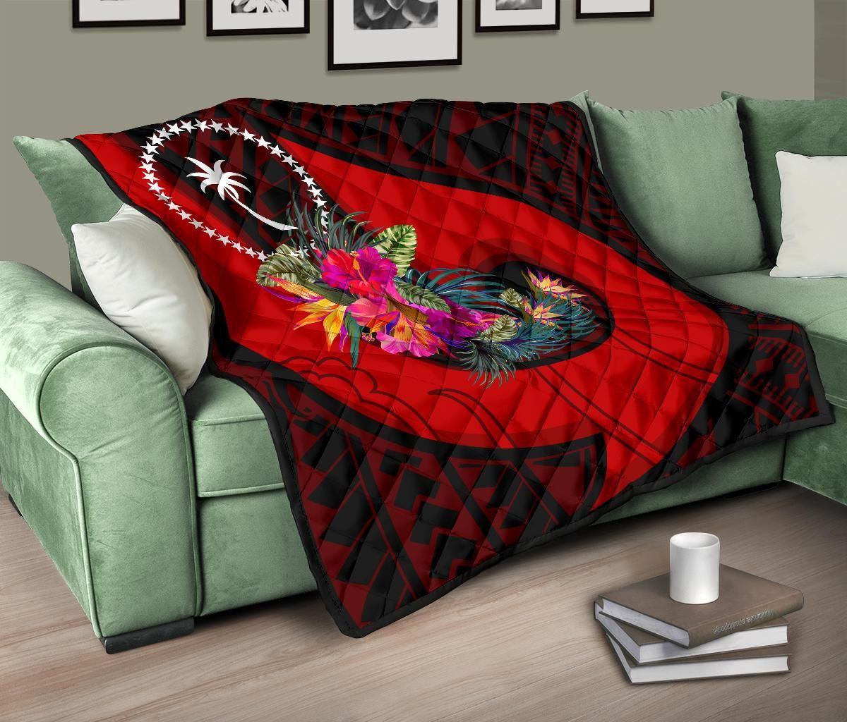 Chuuk Premium Quilt - Polynesian Hook And Hibiscus (Red)
