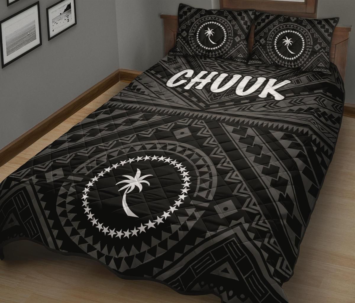 Chuuk Quilt Bed Set - Chuuk Seal With Polynesian Tattoo Style ( Black)