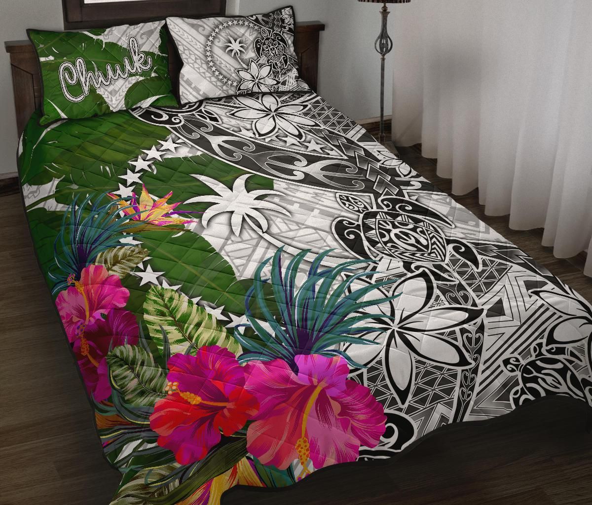 Chuuk Quilt Bed Set White - Turtle Plumeria Banana Leaf