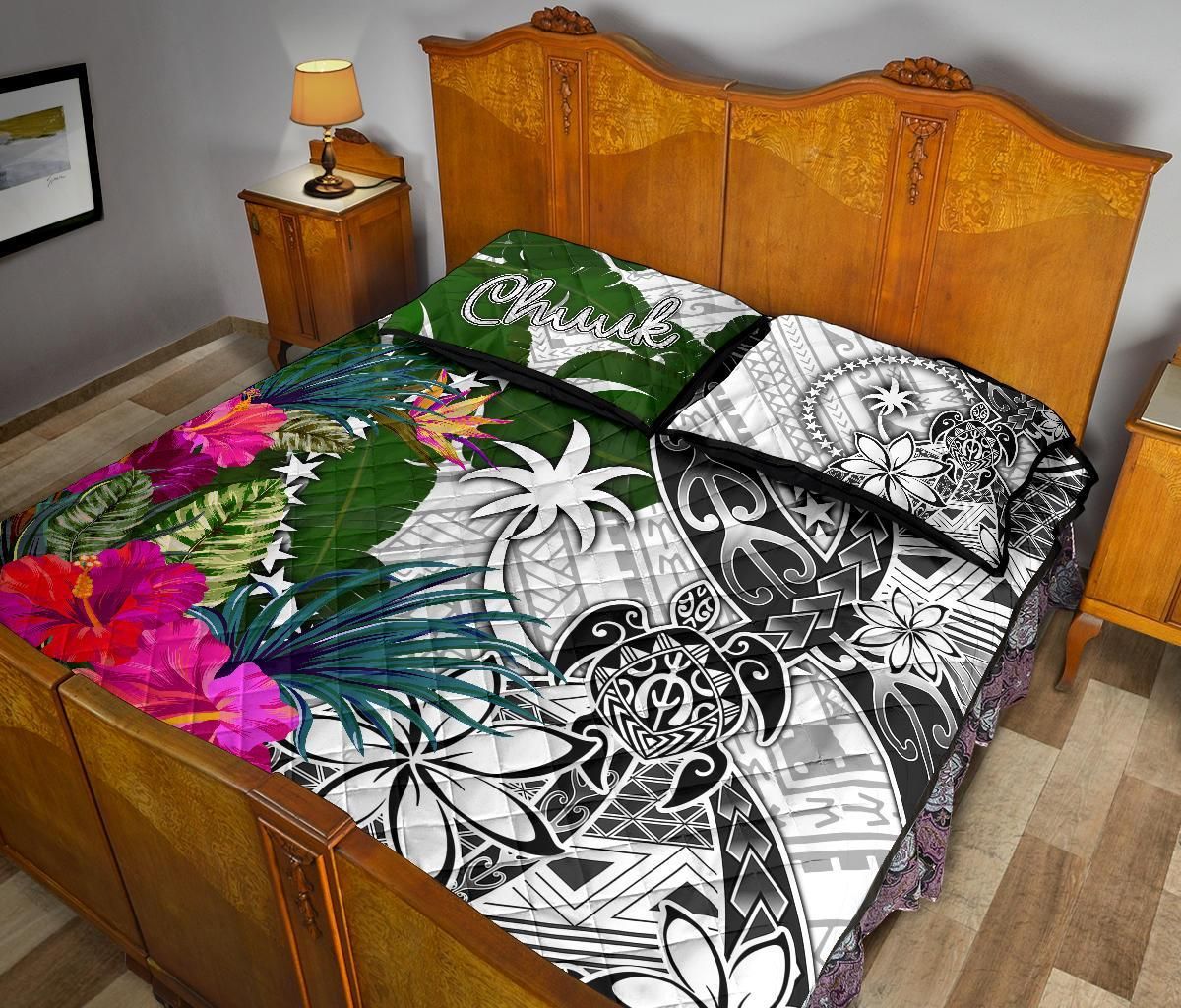 Chuuk Quilt Bed Set White - Turtle Plumeria Banana Leaf