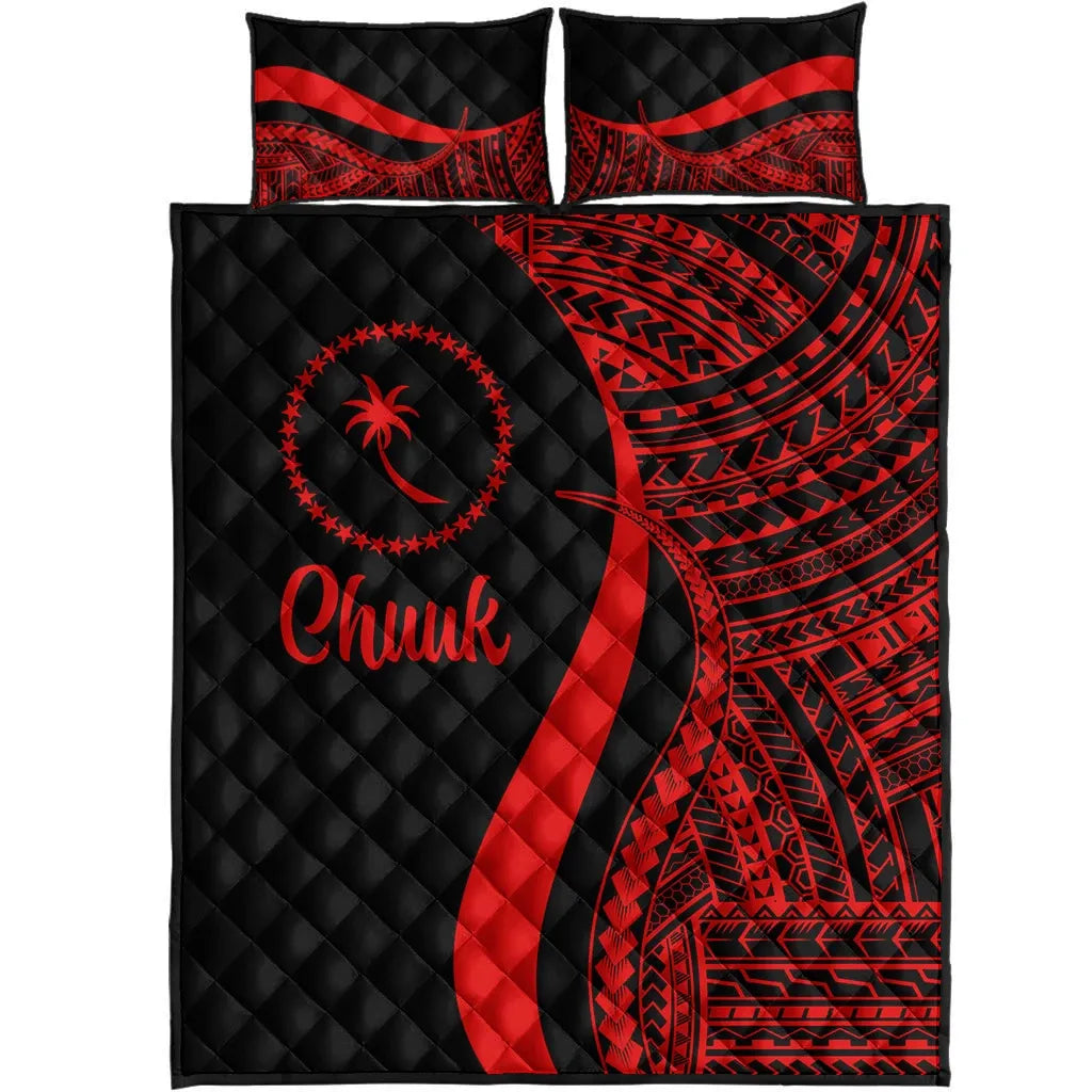 Chuuk Quilt Bed Set - Red Polynesian Tentacle Tribal Pattern