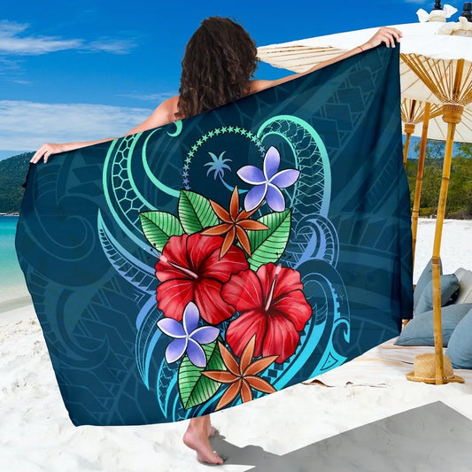 Chuuk Sarong - Blue Pattern With Tropical Flowers
