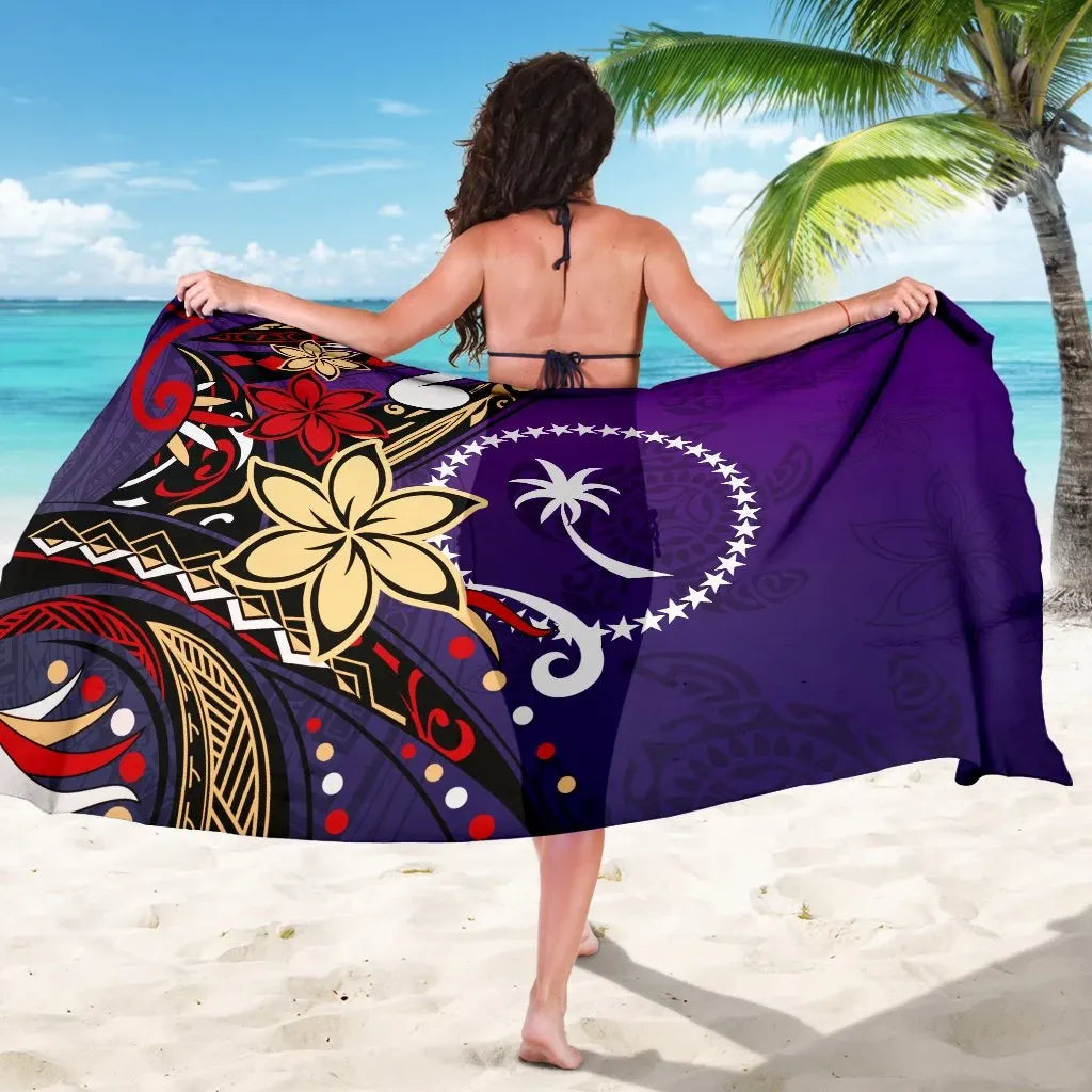 Chuuk Sarong - Tribal Flower With Special Turtles Purple Color