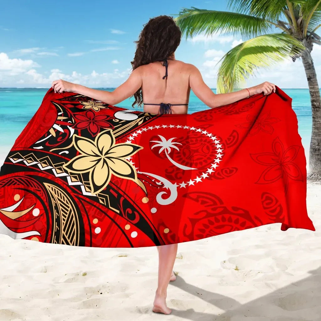 Chuuk Sarong - Tribal Flower With Special Turtles Red Color