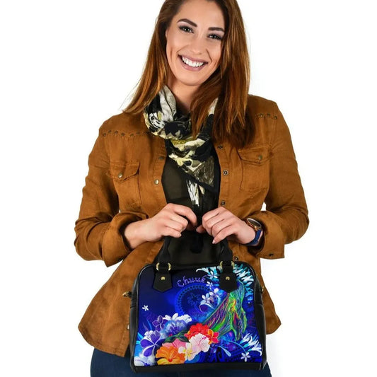 Chuuk Shoulder Handbag - Humpback Whale With Tropical Flowers (Blue)