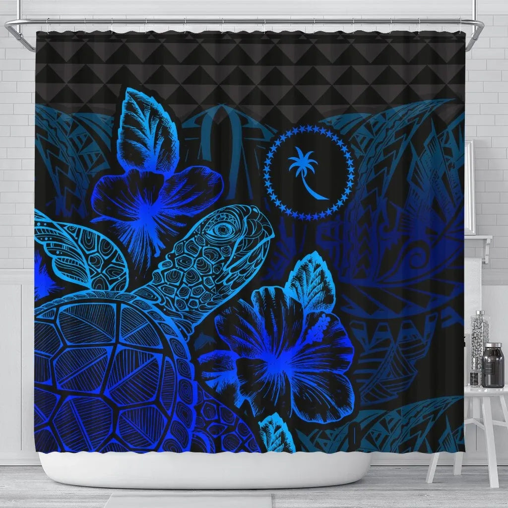 Chuuk Shower Curtain Turtle Hibiscus Blue