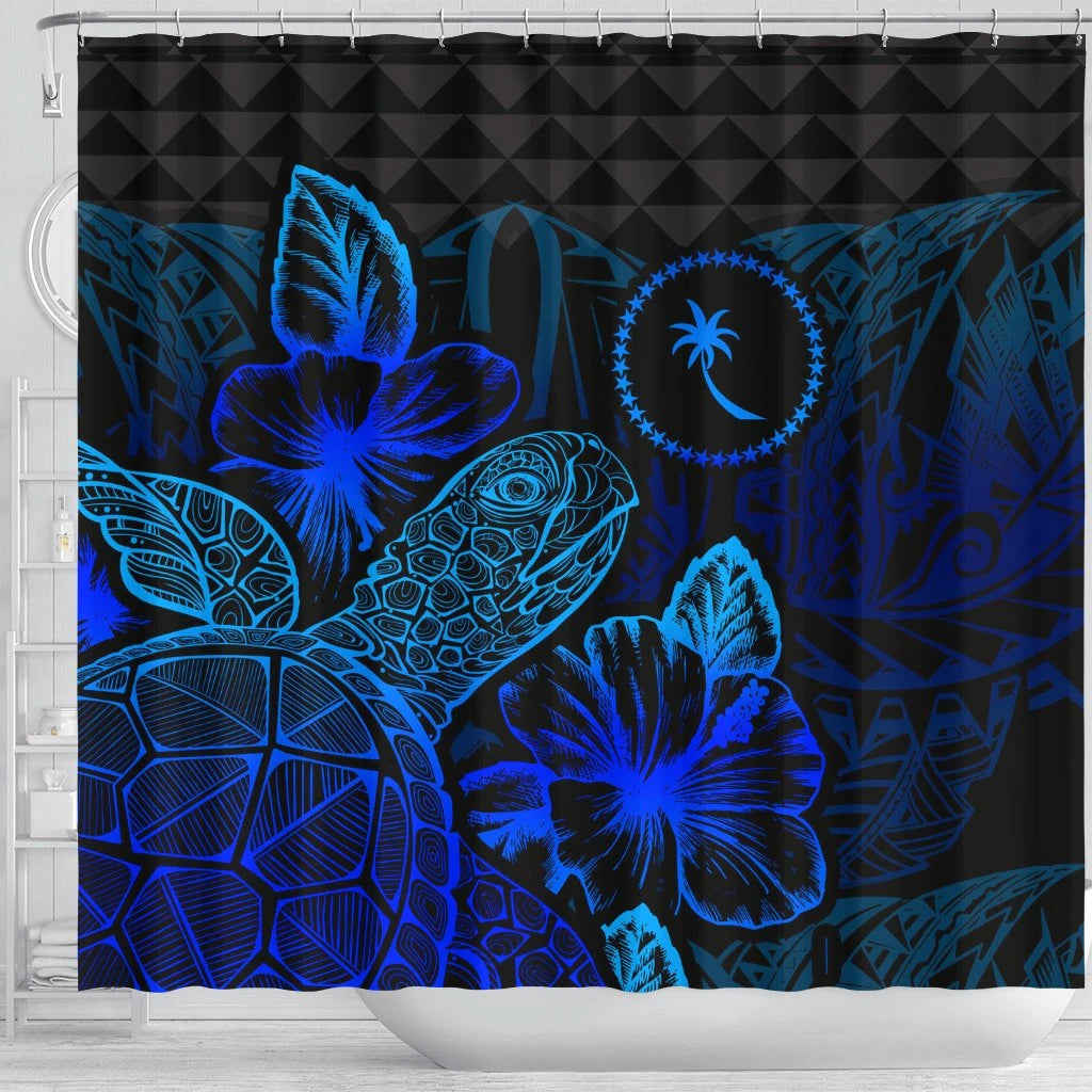 Chuuk Shower Curtain Turtle Hibiscus Blue