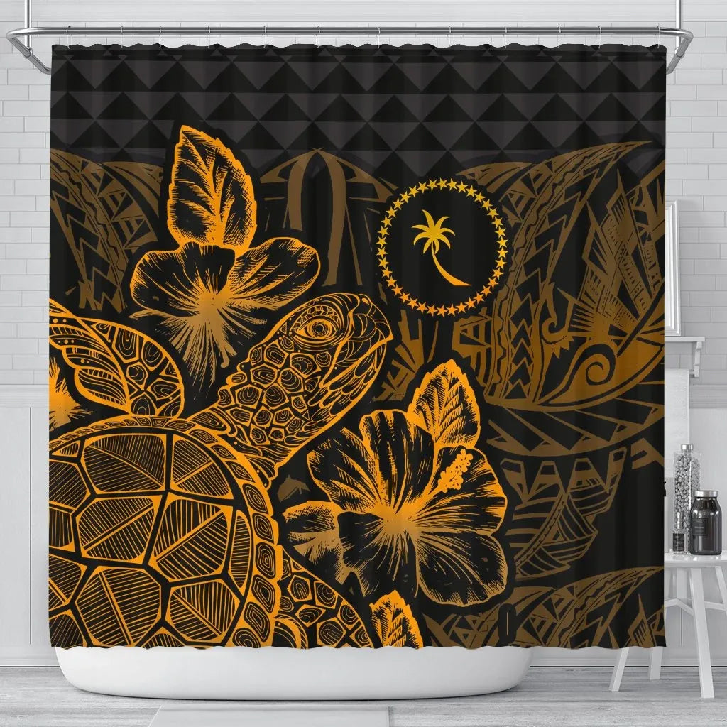 Chuuk Shower Curtain Turtle Hibiscus Gold