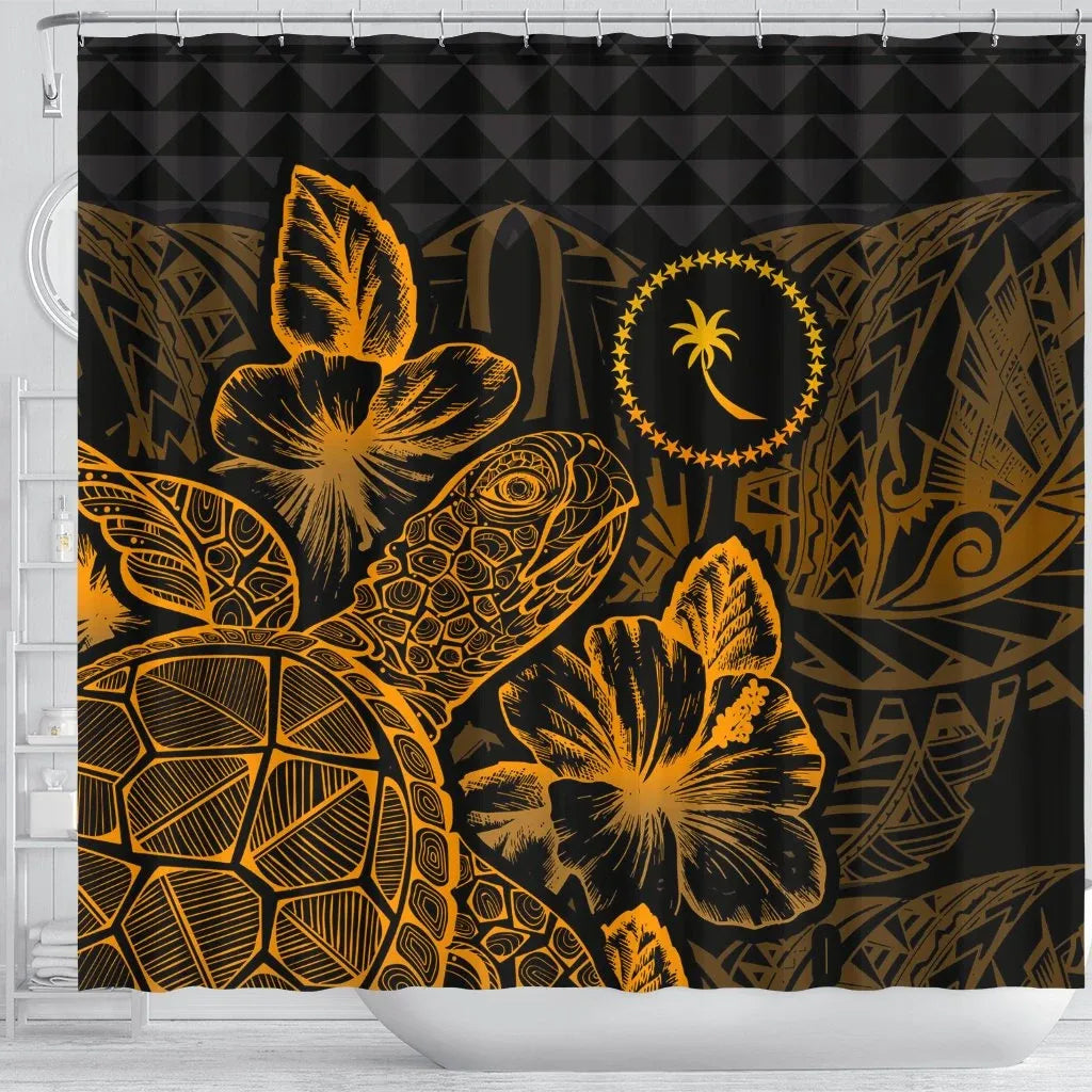 Chuuk Shower Curtain Turtle Hibiscus Gold