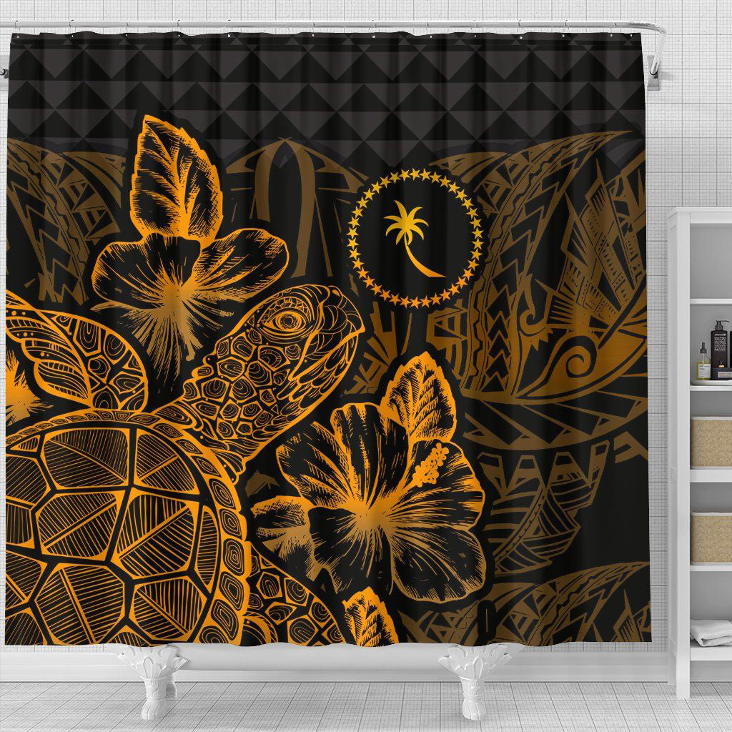 Chuuk Shower Curtain Turtle Hibiscus Gold