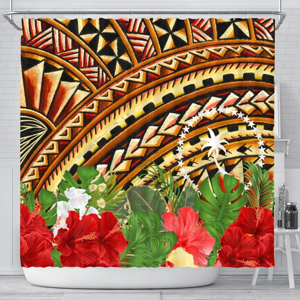 Chuuk Shower Curtain - Vintage Pattern With Hibiscus Flower