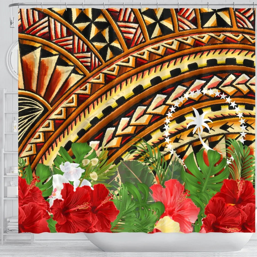 Chuuk Shower Curtain - Vintage Pattern With Hibiscus Flower