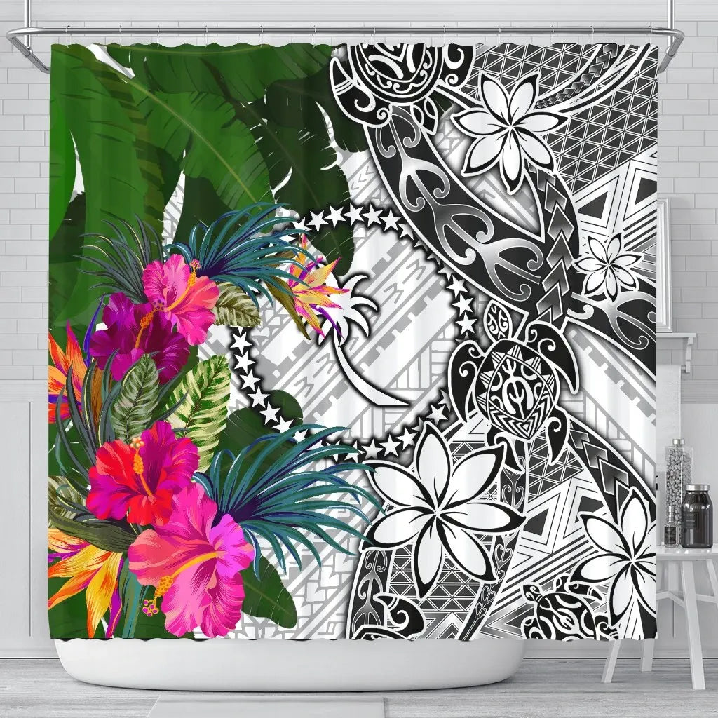 Chuuk Shower Curtain White - Turtle Plumeria Banana Leaf