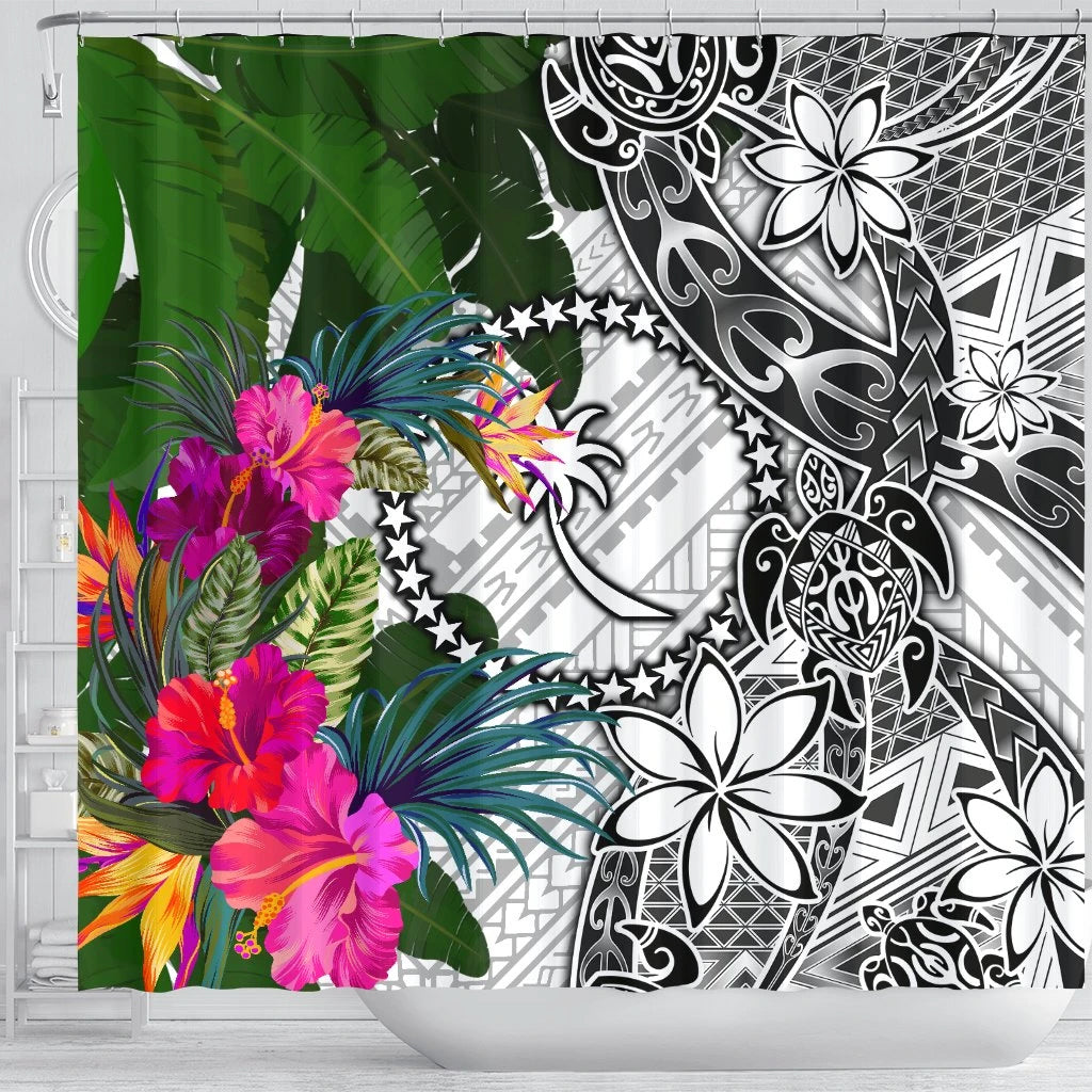 Chuuk Shower Curtain White - Turtle Plumeria Banana Leaf