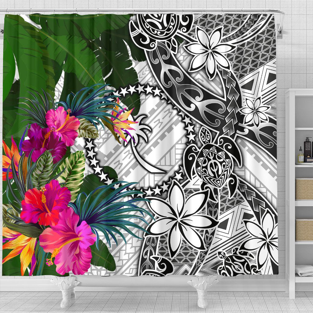 Chuuk Shower Curtain White - Turtle Plumeria Banana Leaf