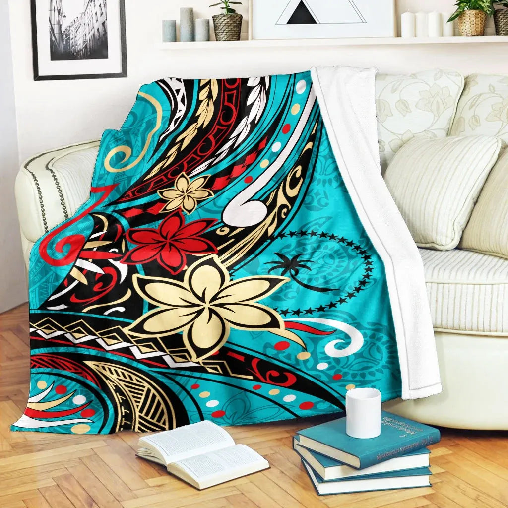 Chuuk State Premium Blanket - Tribal Flower With Special Turtles Blue Color