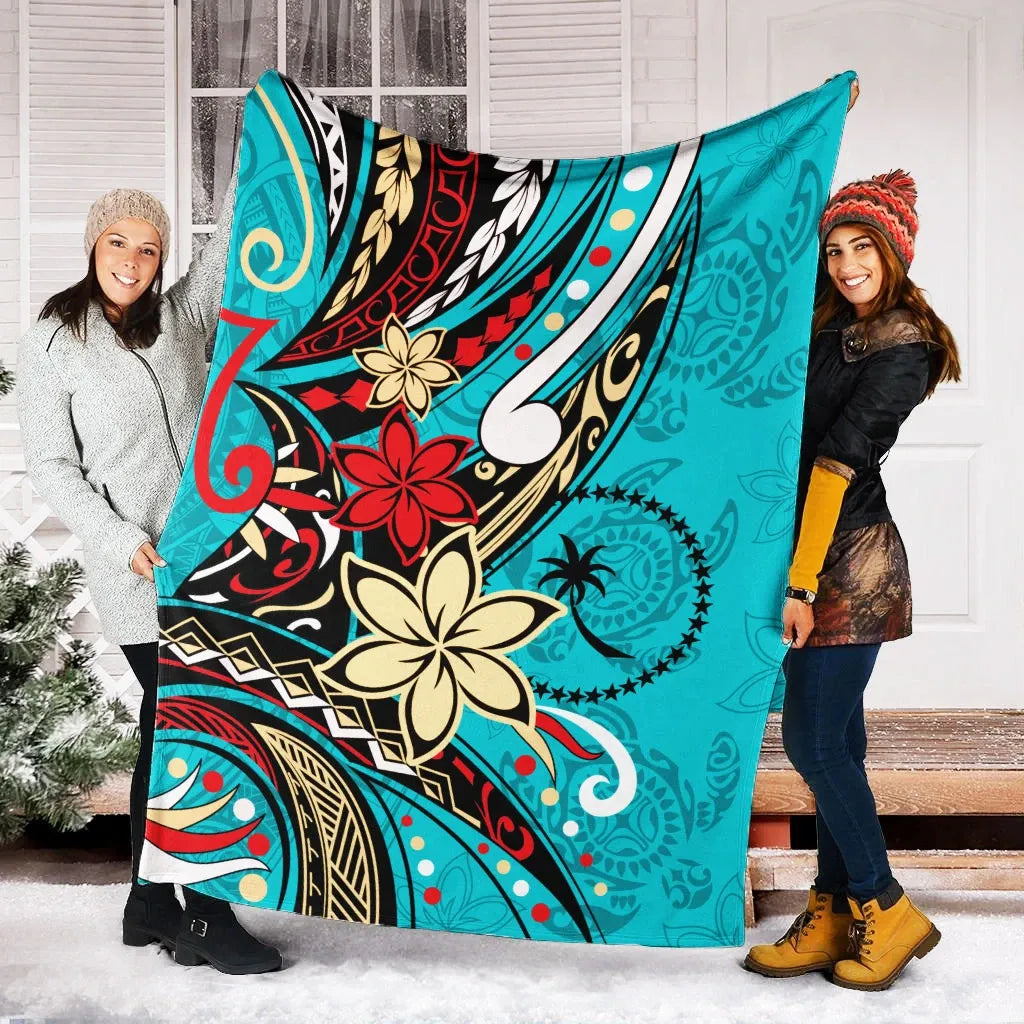 Chuuk State Premium Blanket - Tribal Flower With Special Turtles Blue Color