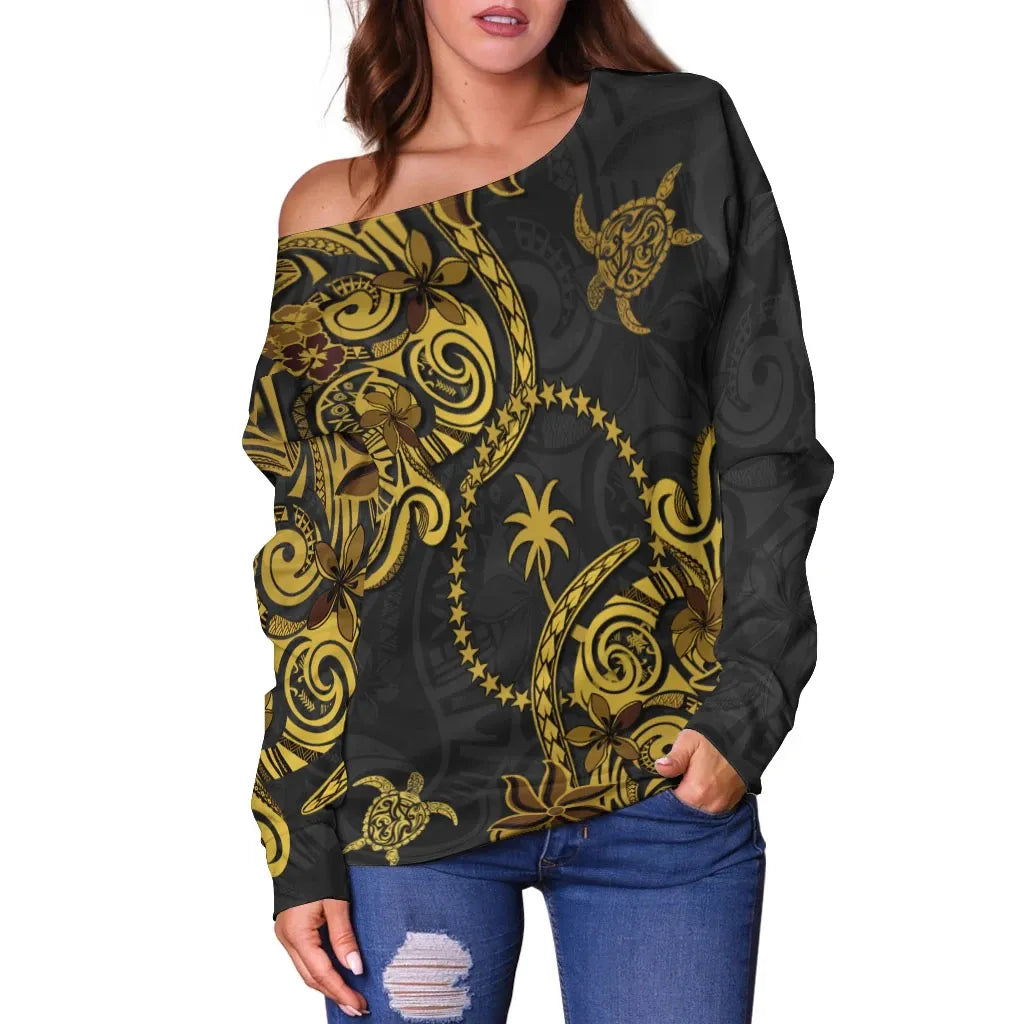 Chuuk State Women Off Shoulder Sweaters - Abstract Style