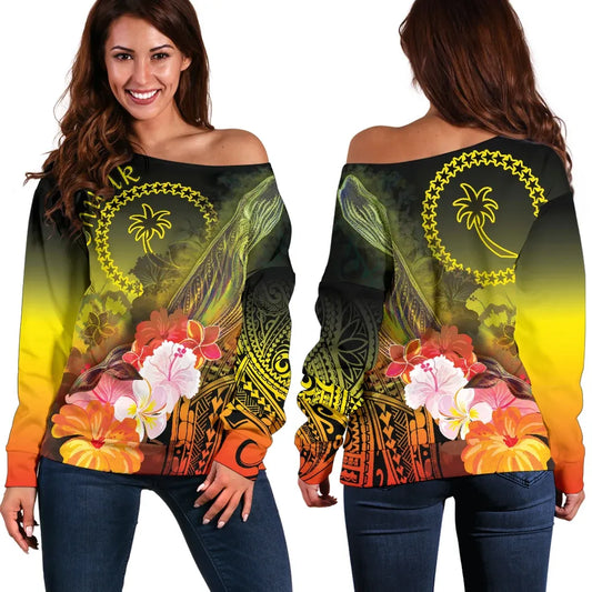 Chuuk Women Off Shoulder Sweater - Humpback Whale with Tropical Flowers (Yellow)