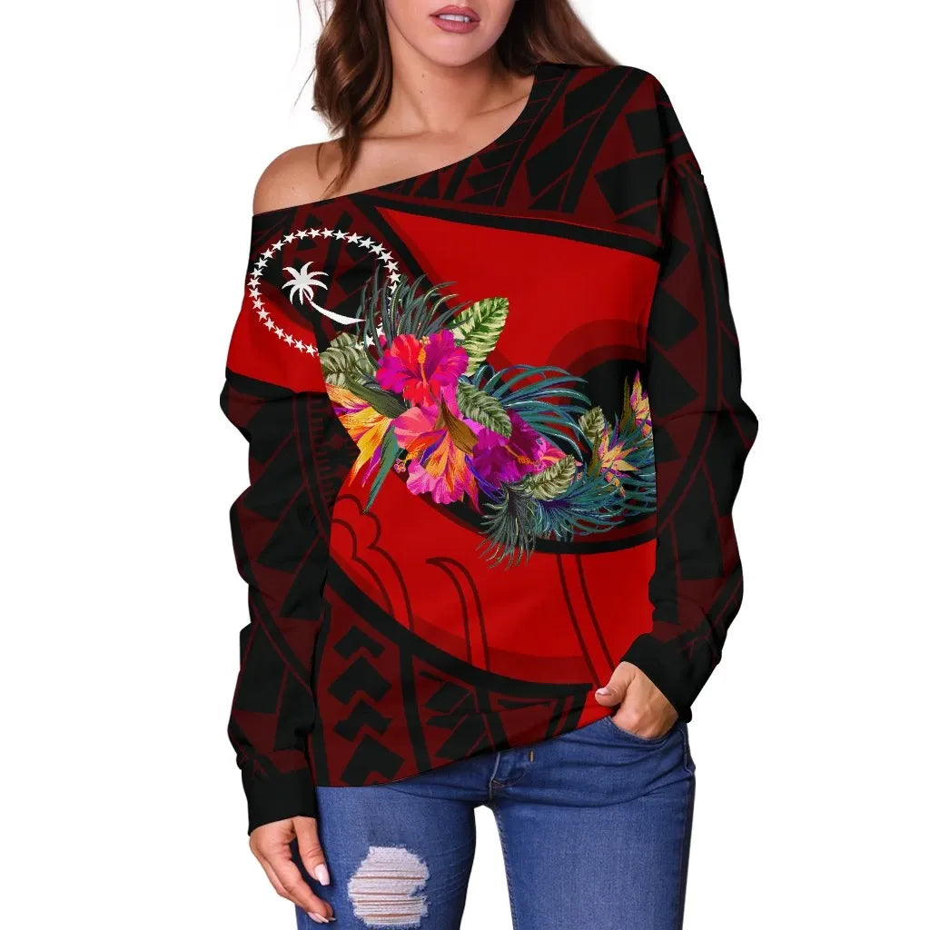 Chuuk Women Off Shoulder Sweater - Polynesian Hook And Hibiscus (Red)