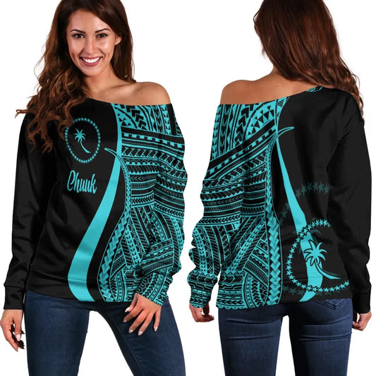 Chuuk Women Off Shoulder Sweater - Turquoise Polynesian Tentacle Tribal Pattern