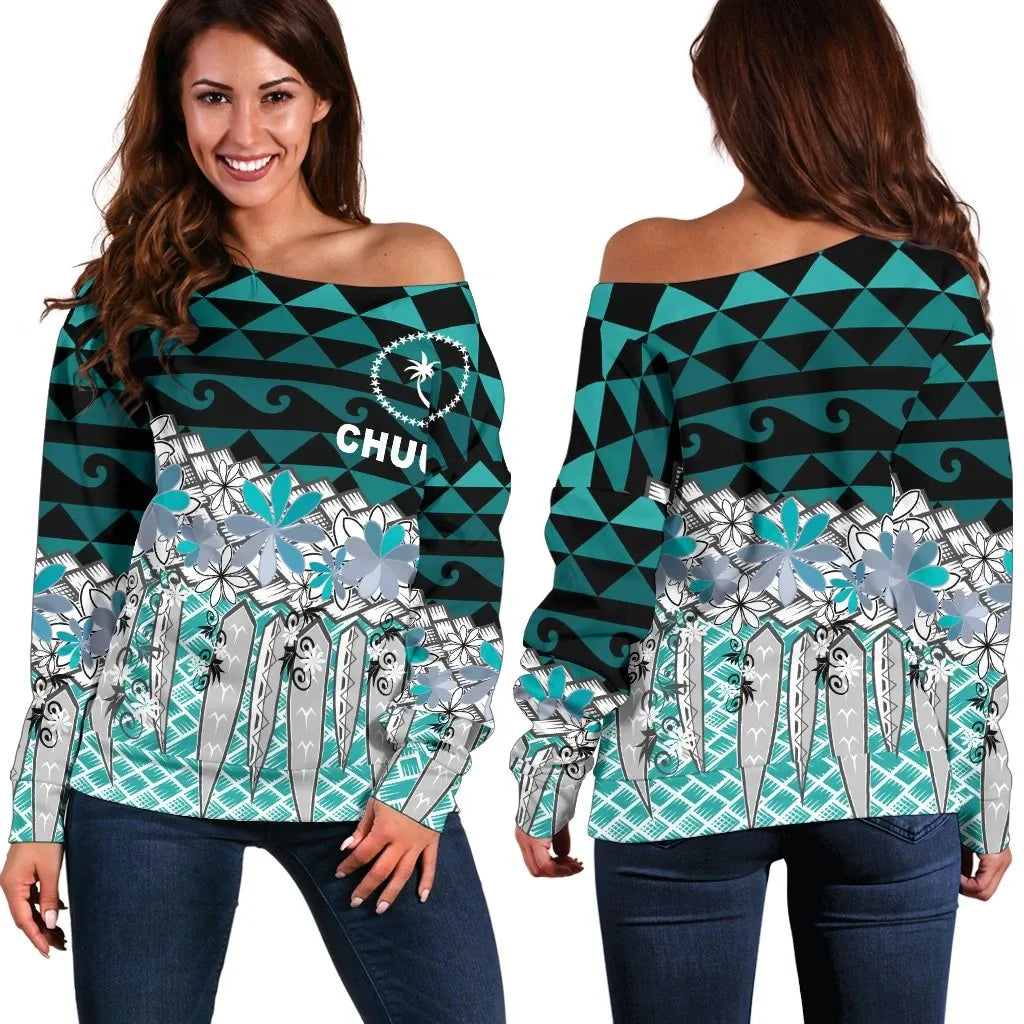 Chuuk Women Off Shoulder Sweaters - Coconut Leaves Weave Pattern Blue