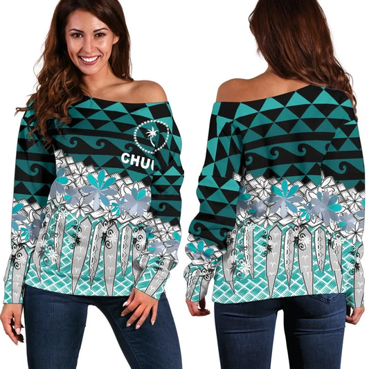 Chuuk Women Off Shoulder Sweaters - Coconut Leaves Weave Pattern Blue