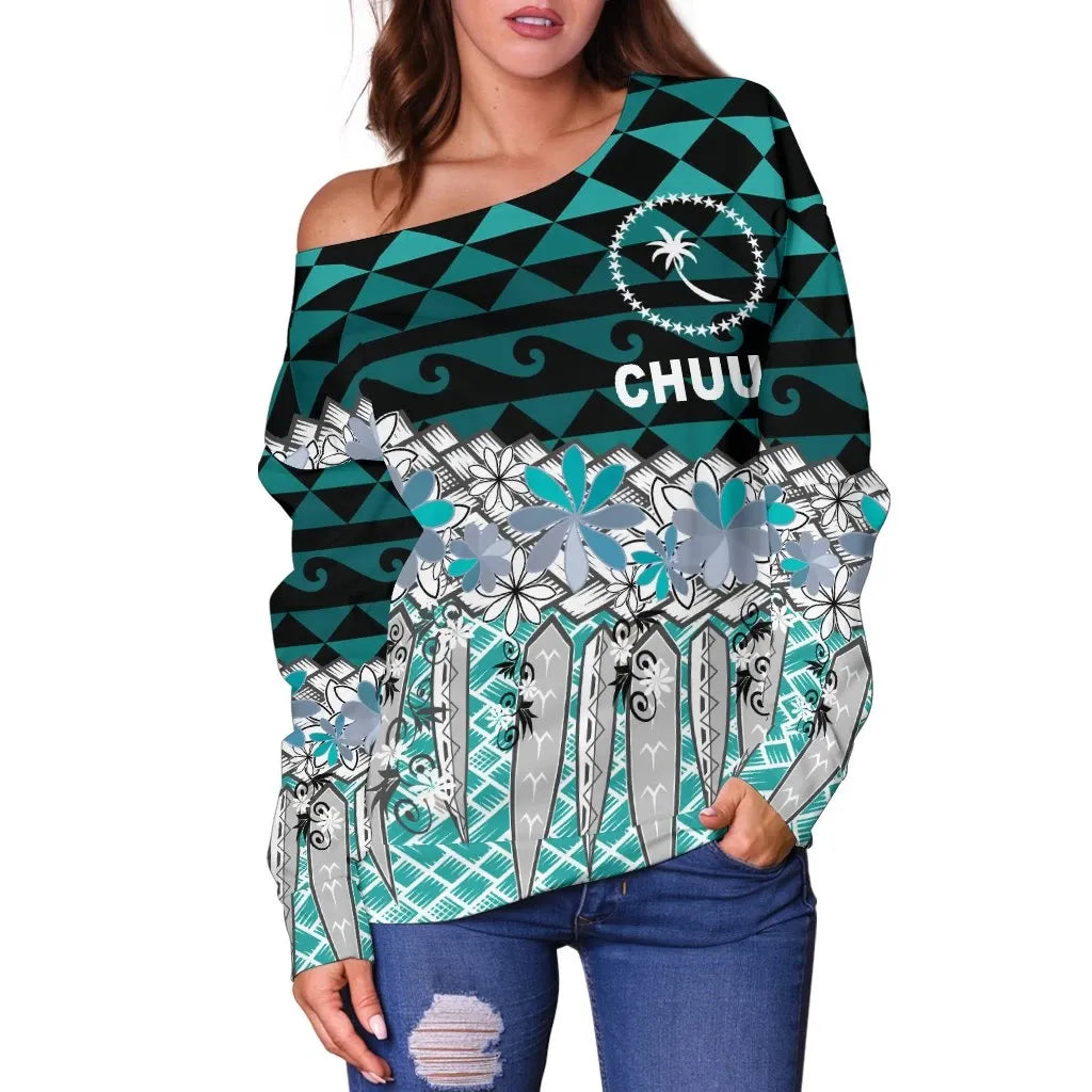 Chuuk Women Off Shoulder Sweaters - Coconut Leaves Weave Pattern Blue