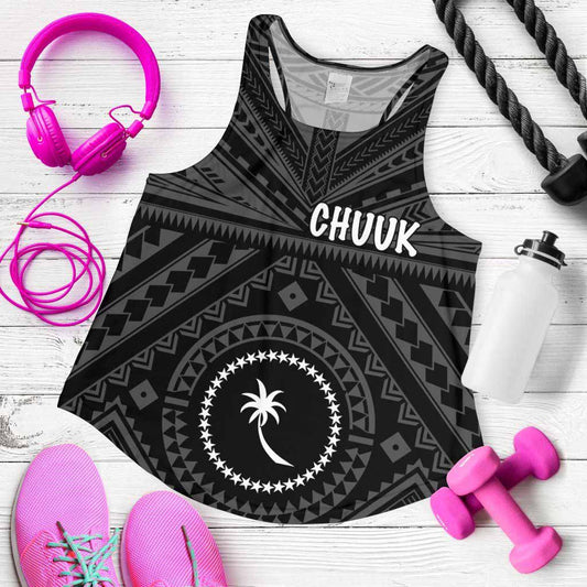 Chuuk Women Racerback Tank - Chuuk Seal With Polynesian Tattoo Style (Black)