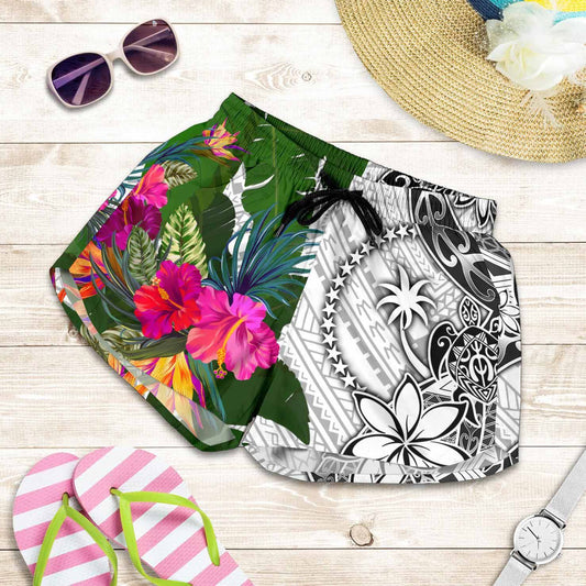 Chuuk Women Shorts White - Turtle Plumeria Banana Leaf