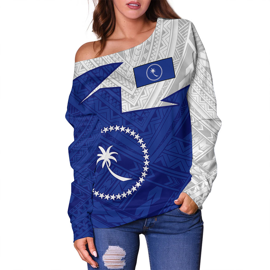Chuuk State Off Shoulder Sweatshirt Polynesian Tattoo Flag And Coat Of Arms