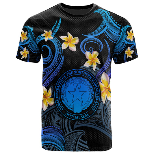 CMNI T-shirt - Custom Personalised Polynesian Waves with Plumeria Flowers (Blue)