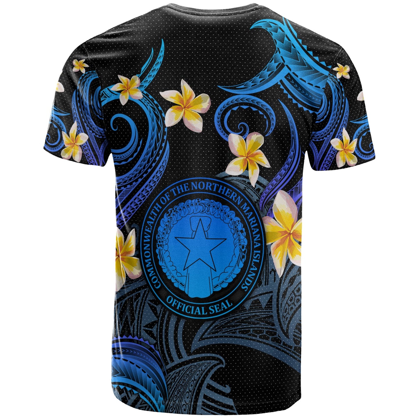 CMNI T-shirt - Custom Personalised Polynesian Waves with Plumeria Flowers (Blue)