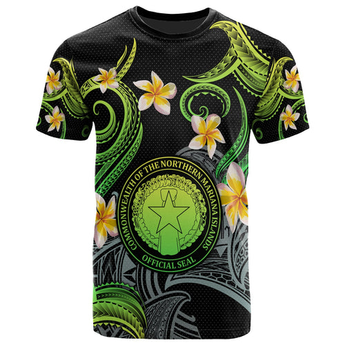 CMNI T-shirt - Custom Personalised Polynesian Waves with Plumeria Flowers (Green)