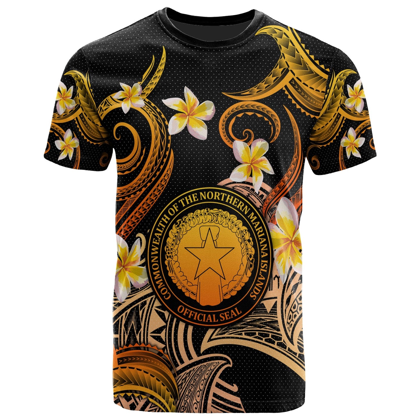 CMNI T-shirt - Custom Personalised Polynesian Waves with Plumeria Flowers (Orange)